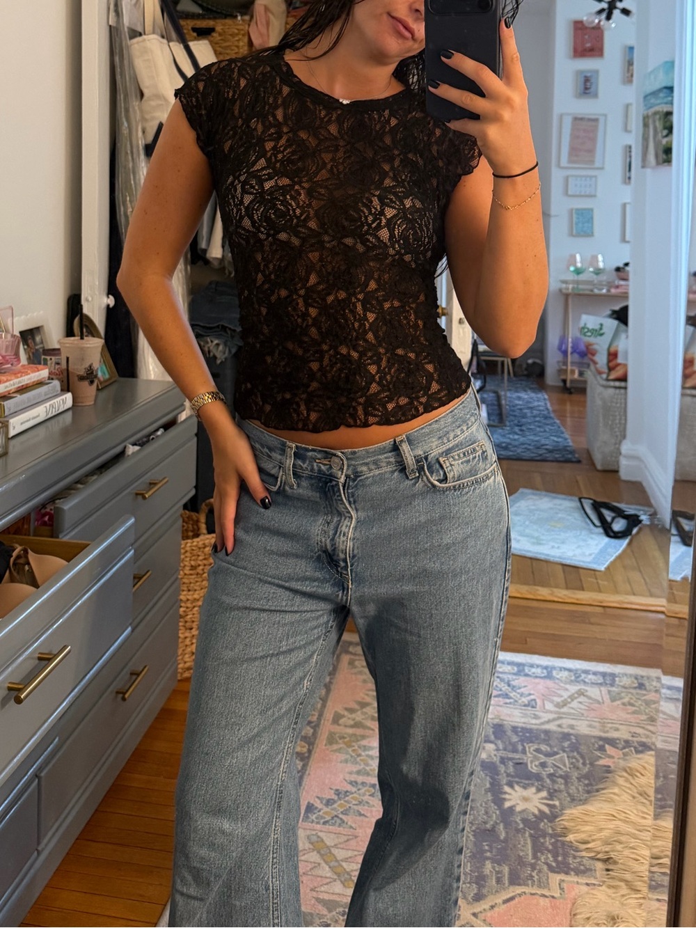 Anthropologie Black Floral Lace Cap-Sleeve Camisole